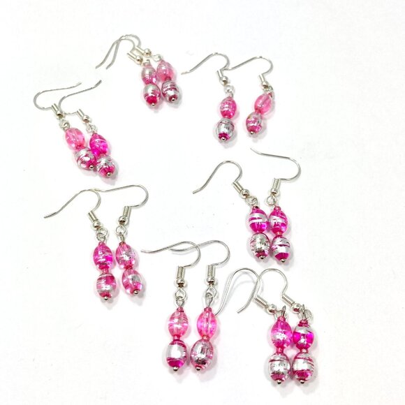 Murano Style Pink Silver Art Glass Bead Earrings Plated Dainty Dangle Handmade - Picture 5 of 7